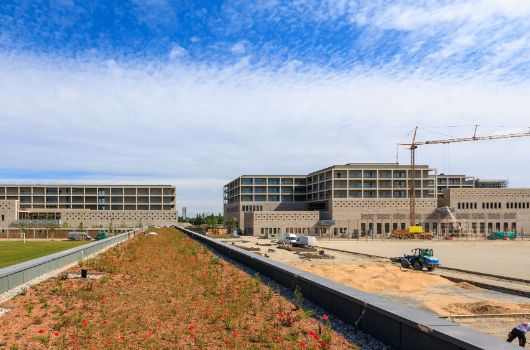Blick vom Dach des Aussensportgebäudes auf Grundschule, Gymnasium und Außenanlagen