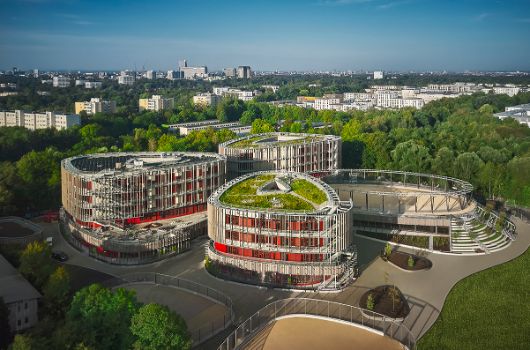 Der Blick von oben auf den Schulneubau zeigt die besondere Gebäudeform