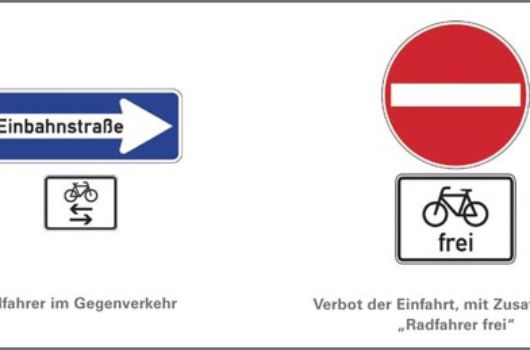 Einbahnstraßenbeschiderung mit Zusatz Radfahrer frei