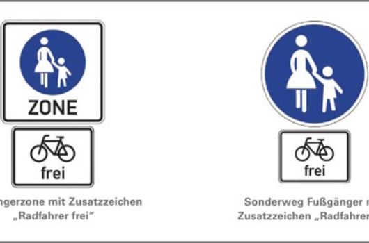 Fußgängerbereich mit Zusatzzeichen für Radfahrer