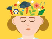 Illustration eines weiblichen Kopfes, aus dem Woken, Blitze und Blumen sprießen