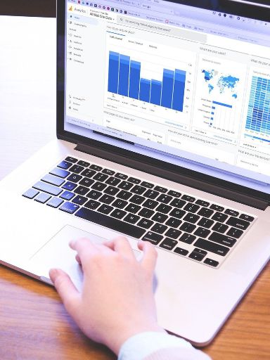 Frau schaut sich auf Laptop statistiche Grafiken an.