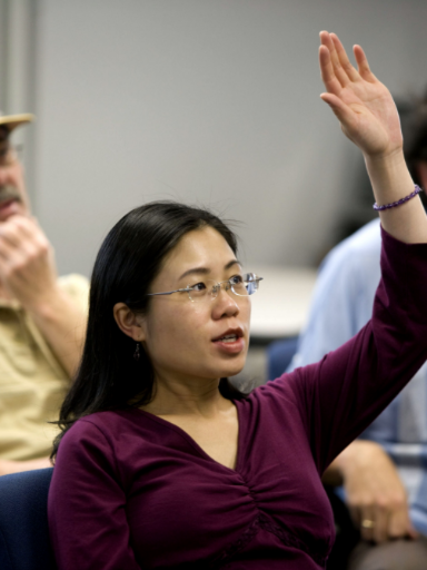 Frau hebt bei einer Versammlung die Hand, um sich zu Wort zumelden.