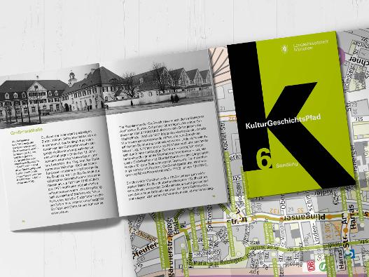 Fotografie der aufgeschlagenen Broschüre des KulturGeschichtsPfades Sendling